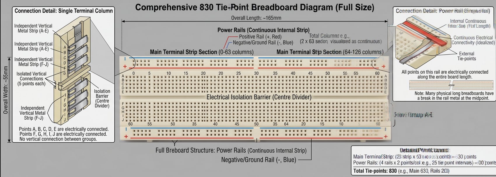 Labeled diagram of an 830 tie-point breadboard showing power rails, main terminal strip sections, the center isolation barrier, and independent vertical metal strips